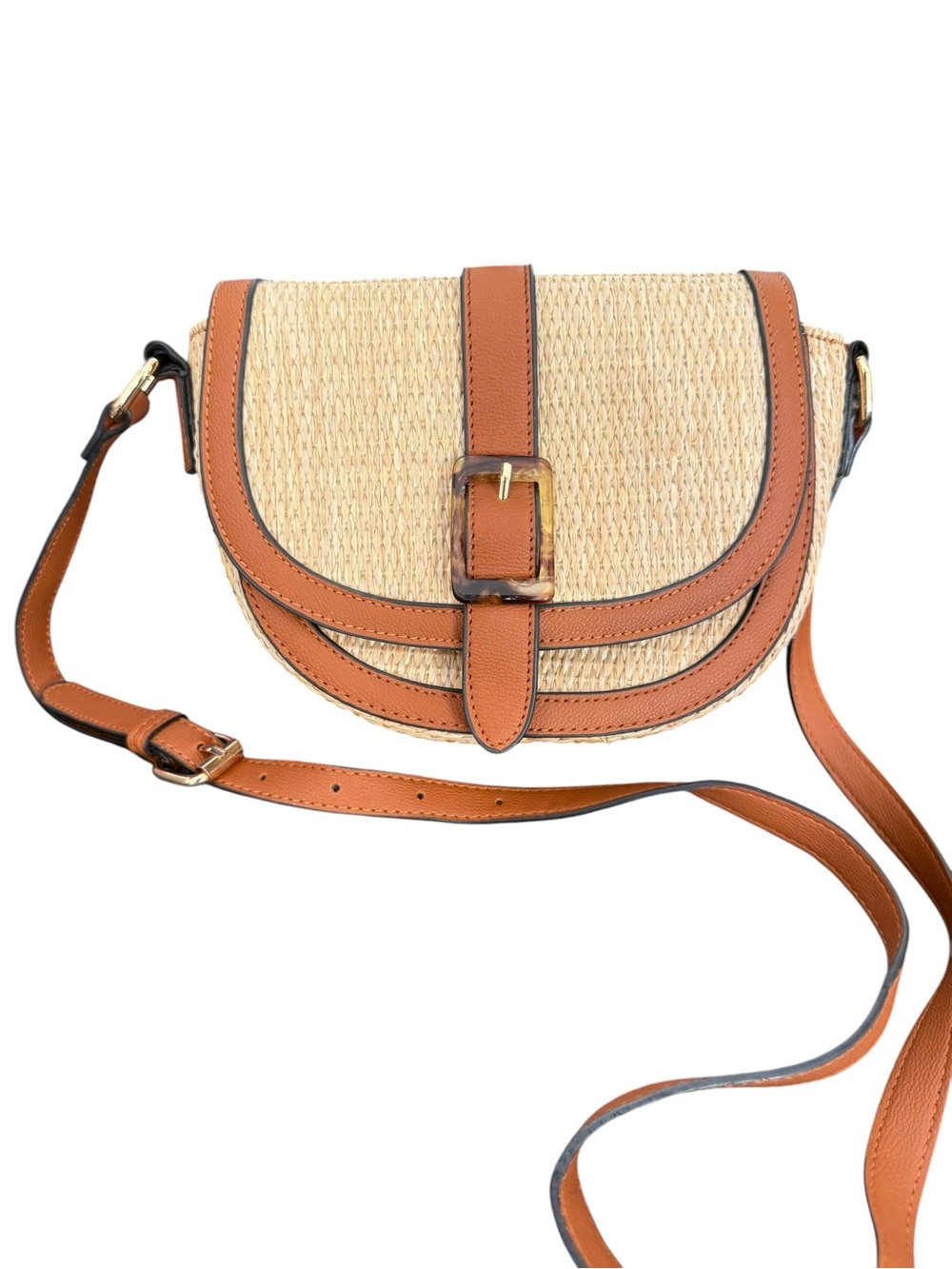 Woven Straw Crossbody Bag with Tan Leather Trim